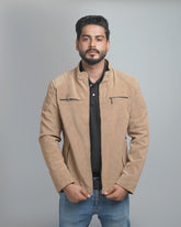 Men's Faux Suede Biker Jacket with Quilted Shoulder Detail - Moto Style Outerwear
